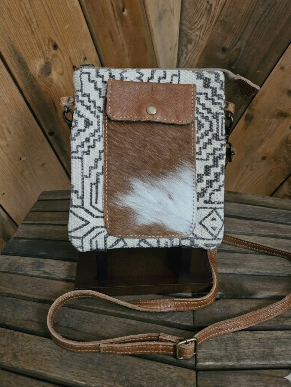 Myra Bag Genuine Cowhide Aztec Canvas Crossbody Western Boho Phone Purse